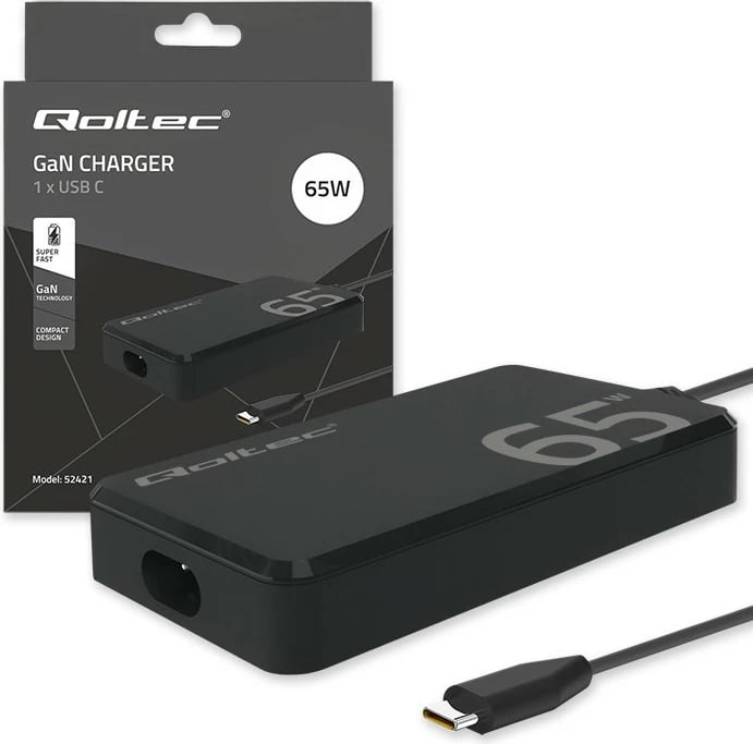Karikues rrjeti Qoltec 65W GaN, USB-C 3.1, për laptop, MacBook, celular, i zi, me kabllo