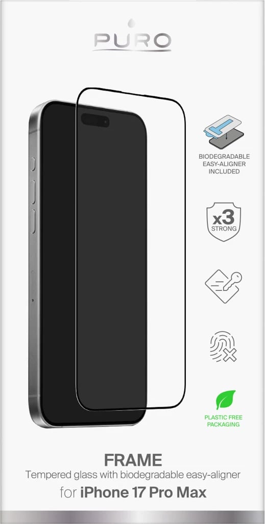 Xham i temperuar Puro Frame për iPhone 17 Pro Max me aplikator, kornizë e zezë
