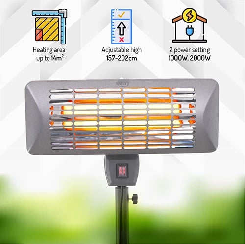 ngrohës terase në këmbë, Adler Camry CR 7737, 1000/2000W, elemente kuarci, IP24, zonë 14 m², lartësi 157–202 cm, gri