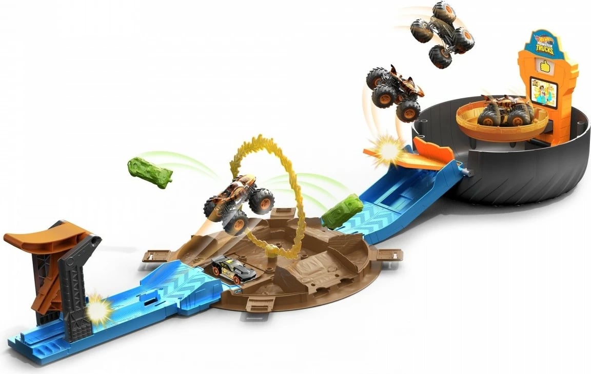 Set lodrash Hot Wheels Monster Trucks Stunt Arena Tire me makinë Tiger Shark dhe makinë Hot Wheels, zi/portokalli