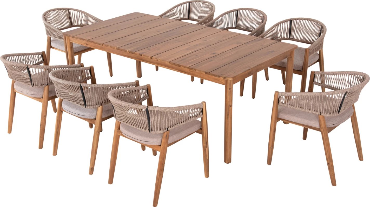 Tavolinë me karrige për terasë 9 pjesë NAVANT FH21066.02, tavolinë me 8 karrige, dru akacie, litar najloni, ngjyrë bezhë