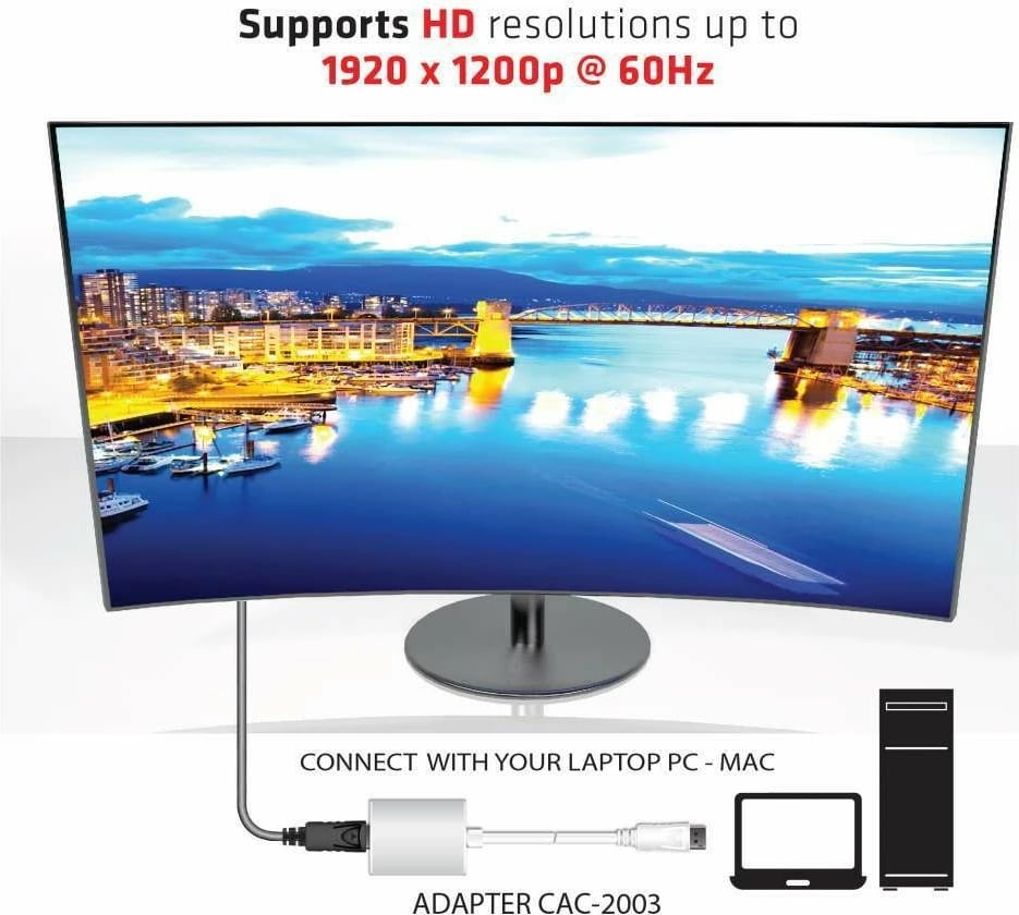 Adapter DisplayPort në VGA Club3D, aktiv, Plug and Play, i bardhë