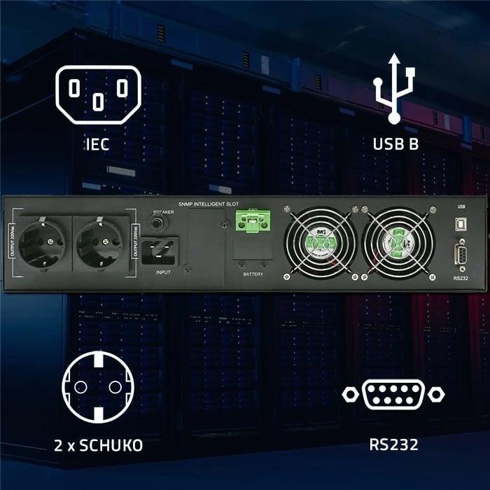 UPS Qoltec 52287, 3kVA 3000W, për rack, LCD, online, e zezë