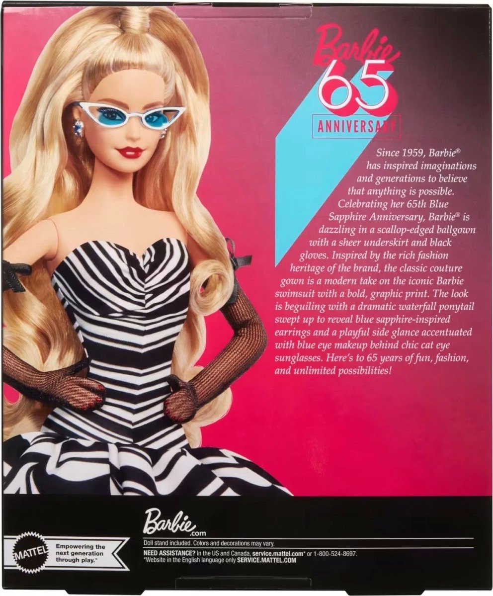 Kukull Barbie Signature Mattel HRM58, 65 vjetori, bionde, me fustan bardh e zi