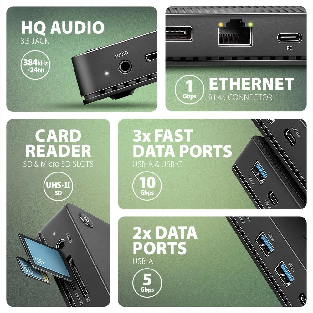 Stacion dokimi AXAGON HMC-U4, 12-në-1, USB4 40Gbps, 3x USB-A, 2x USB-C, GLAN, HDMI 8K, DP 8K, PD 100W, audio HQ, SD/microSD, 80cm kabllo, Zi