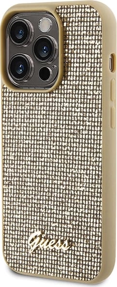 Mbështjellës Guess Disco Metal Script për iPhone 15 Pro, ari