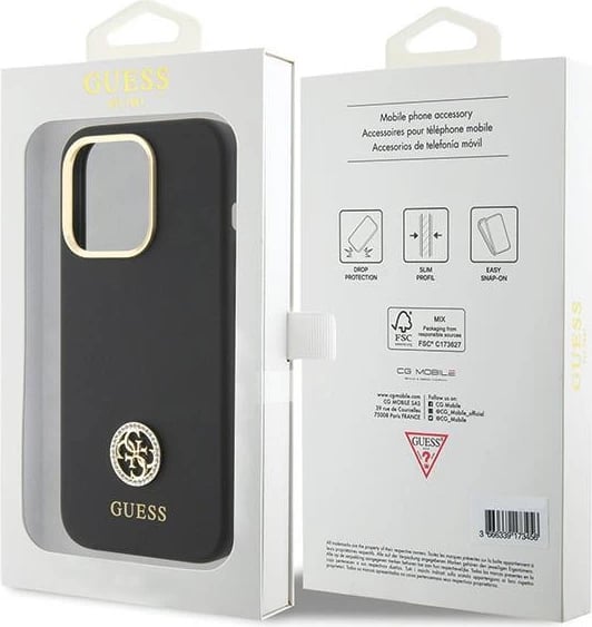 Mbështjellës Guess Silicone Logo Strass 4G për iPhone 15 Pro Max, zi