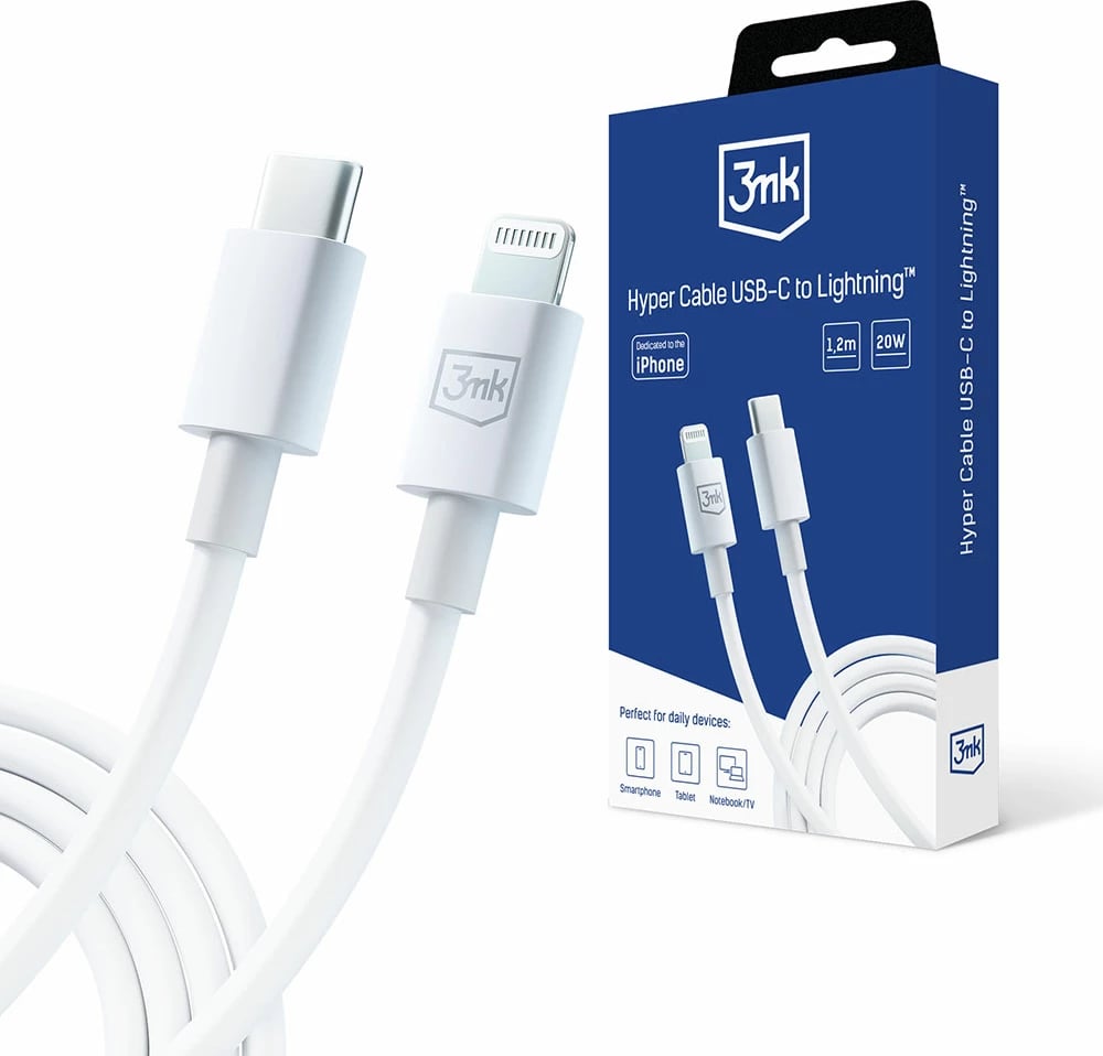 Kabllo USB-C në Lightning 3mk Hyper Cable, 1.2m, 20W, e bardhë