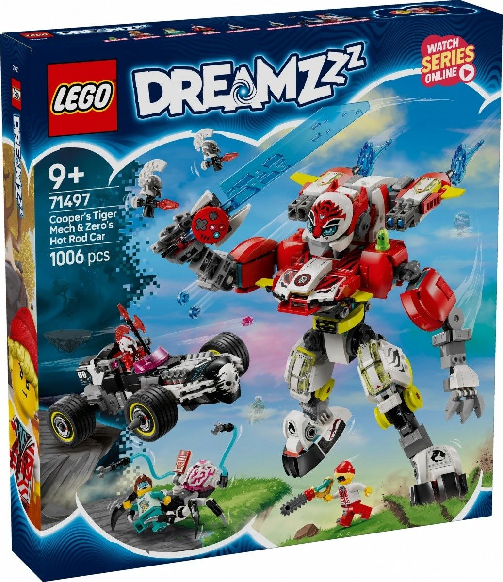 Set LEGO DREAMZzz Tiger Mech Cooper dhe Hot Rod Zero 71497, 1006 pjesë, plastikë, për fëmijë 9+ vjeç, ekstra i madh