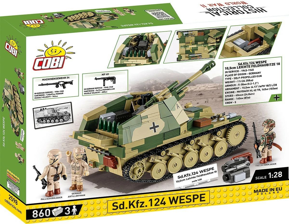 Set blloqesh ndërtimi, Cobi, COBI-2598 Sd.Kfz.124 Wespe 1:28, 860 pjesë, Executive Edition, me figura, kamuflazh jeshil-rërë