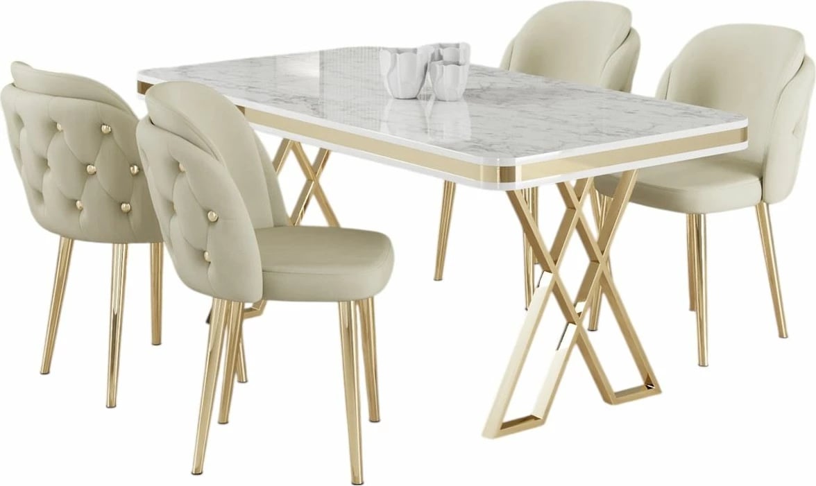 Tavolinë me karrige, 5 copë, Skye Decor Rigel, e bardhë, ari, krem