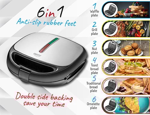 Pjekëse shumëfunksionale 6-në-1, Adler CR 3057, 800–1200W, pllaka të këmbyeshme, inoks, e zezë/argjend