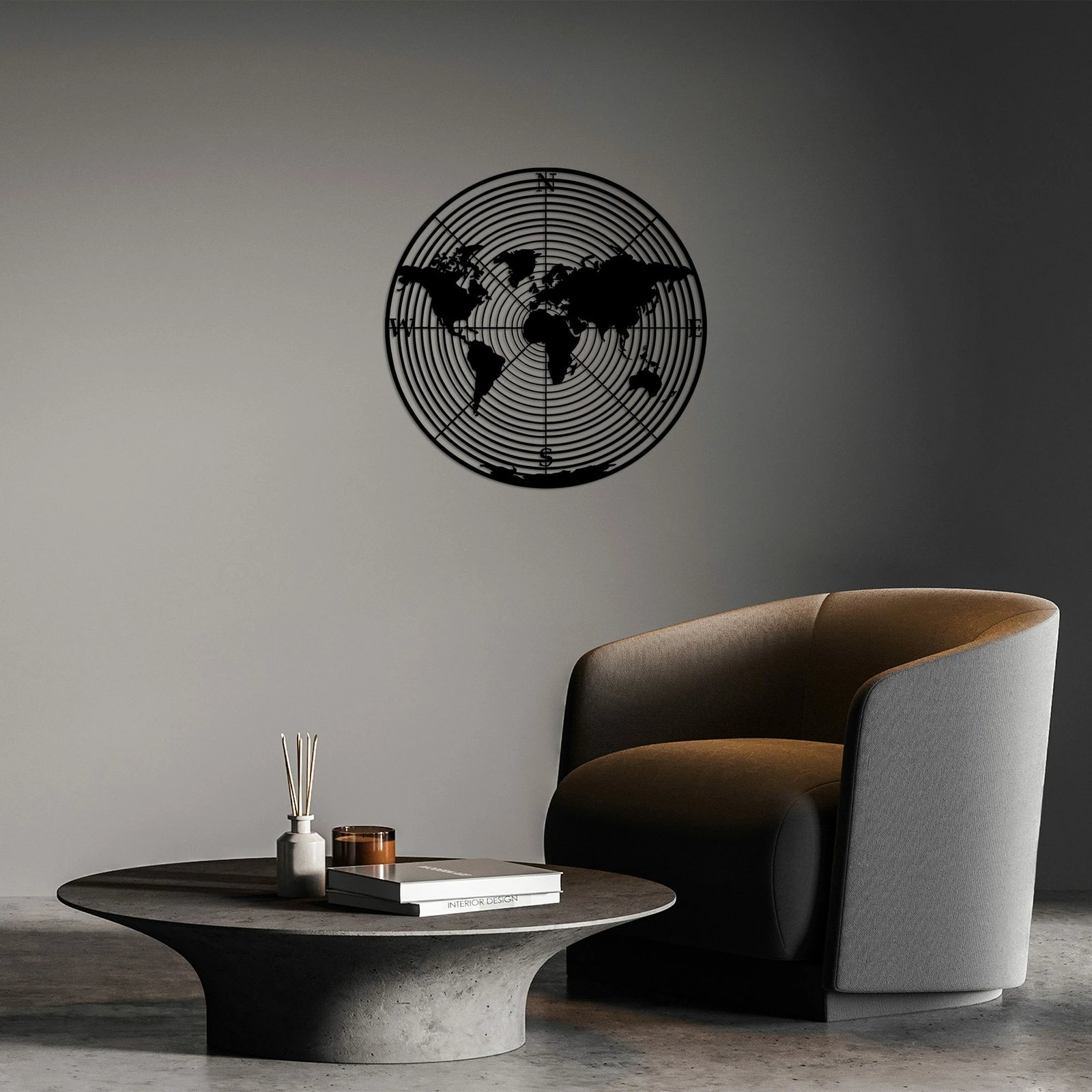 Aksesor dekorativ metalik për mur, hartë bote, Wallity, 68x68cm