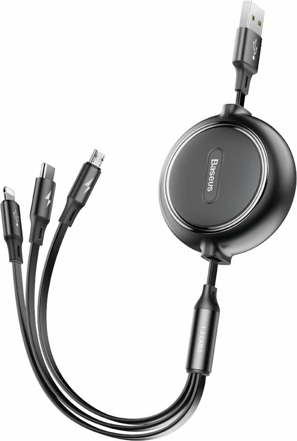 Kabllo zgjatshme 3-në-1 Baseus Golden Loop CAMLT-JH01, USB - micro USB / Lightning / USB-C, 1.2m, e zezë