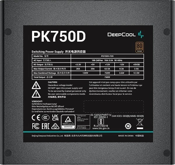 Furnizues i Energjisë DeepCool PK750D, 750 W, 20+4 pin ATX, i Zi