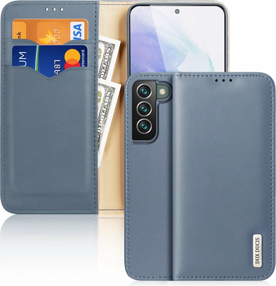 Mbështjellës Dux Ducis Hivo për Samsung Galaxy S22+, lëkurë natyrale, me xhepa për karta, Blu