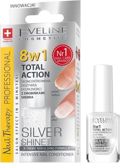 Kondicioner për thonj Eveline Cosmetics Nail Therapy Professional 8w1 Total Action Silver Shine, 12ml argjendtë