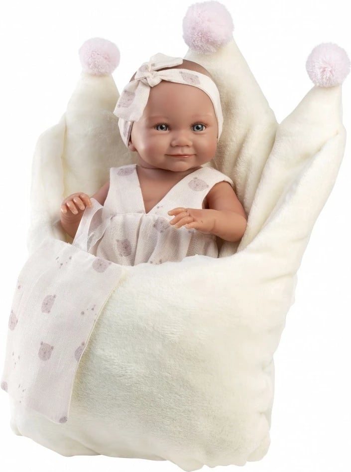 Kukull bebe vinili, Llorens, Nica 73814, 40 cm, me gjymtyrë dhe kokë lëvizëse, me Thes gjumi, e bardhë