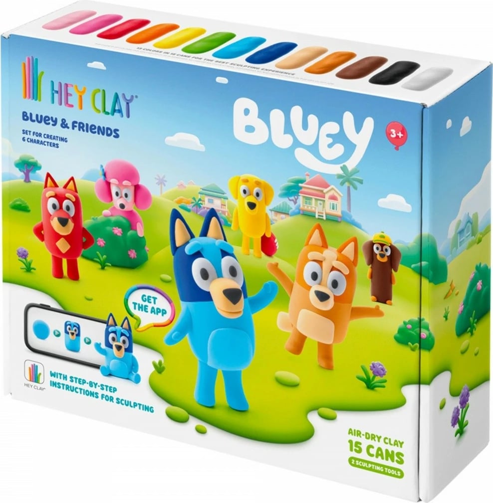 Set plastelinë HEY CLAY Bluey & Friends HCL15031CEE15, 15 kana, 13 ngjyra, me aplikacion