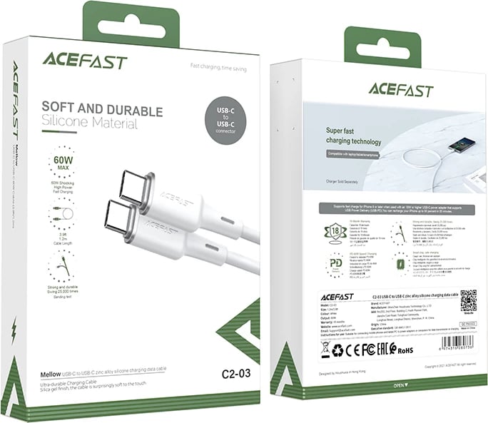 Kabllo Acefast C2-03-C-C USB-C në USB-C, 1.2m, 60W, e bardhë