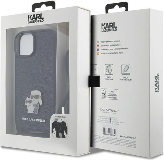 Mbështjellës Karl Lagerfeld Crossbody Saffiano Metal Pin Karl & Choupette për iPhone 15, i zi