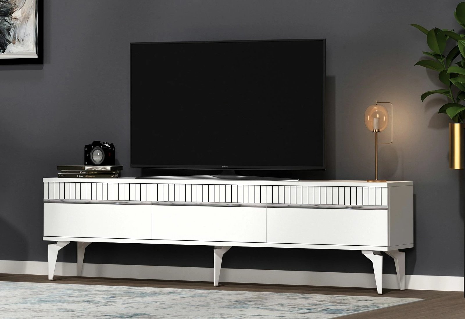 Komodë për TV, Skye Decor, ngjyrë e bardhë dhe argjend