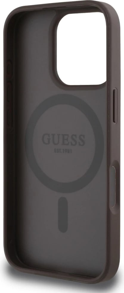 Mbështjellës Guess Grained Hot Stamp Peony Triangle Logo MagSafe për iPhone 16 Pro, Kafe