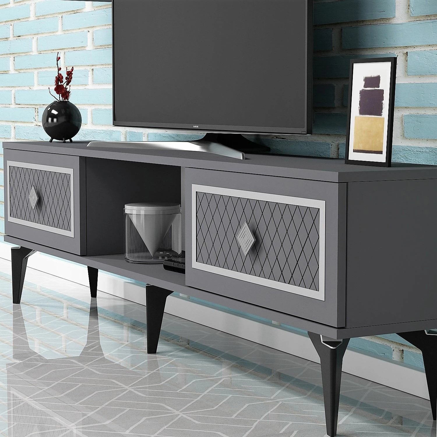 Komodë TV Skye Decor, ngjyrë antracit, argjend