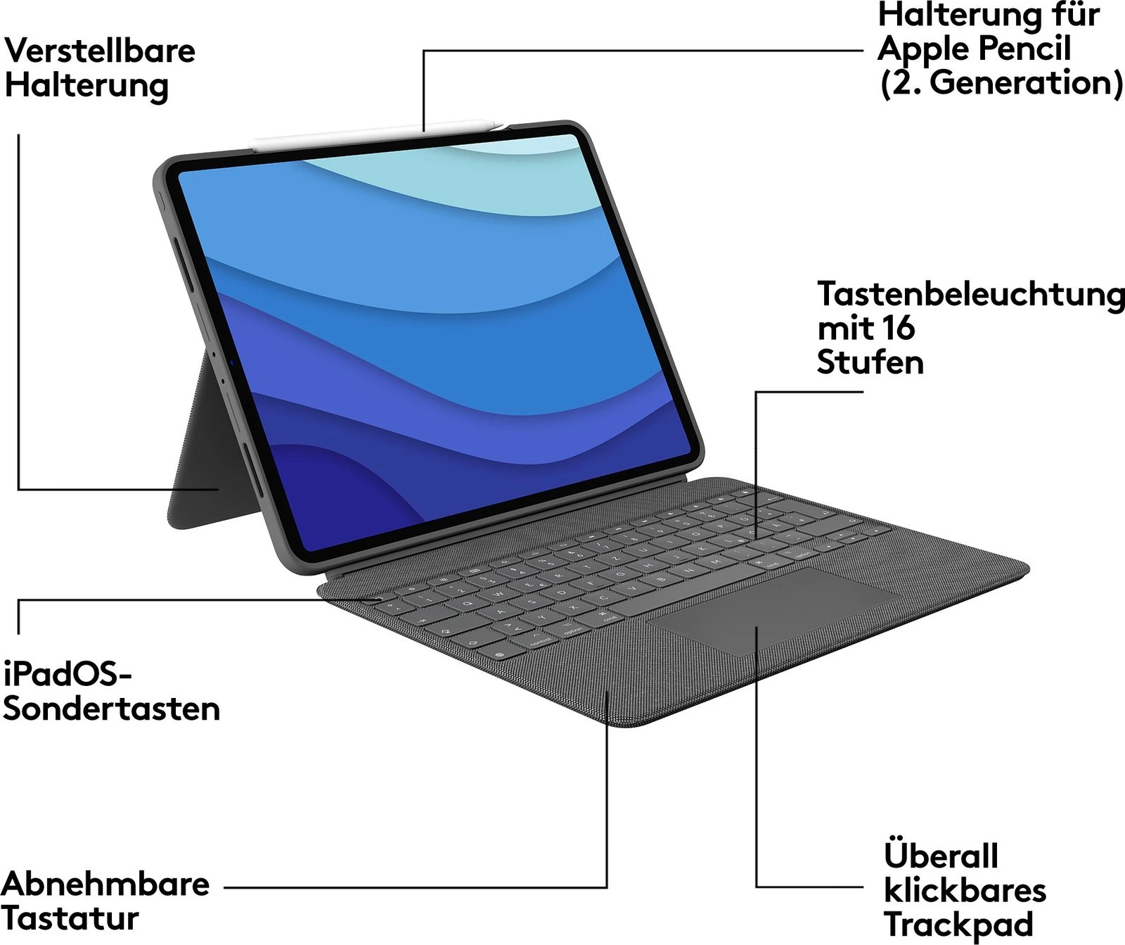 Mbështjellës me tastierë Logitech Combo Touch për iPad Pro 12.9, QWERTZ, Oxford Grey