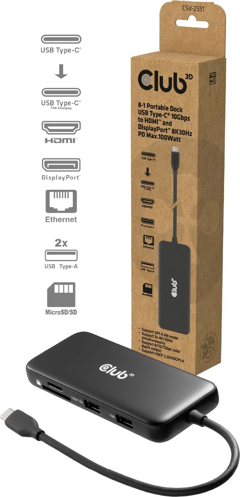 USB-C HUB Club3D CSV-2551, 8 porte, HDMI 8K, DP 8K, LAN, PD 100W