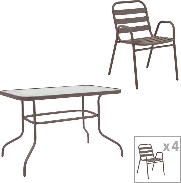 Tavolinë me karrige Valor-Sussie, metal kafe-xham, 110x60x70cm