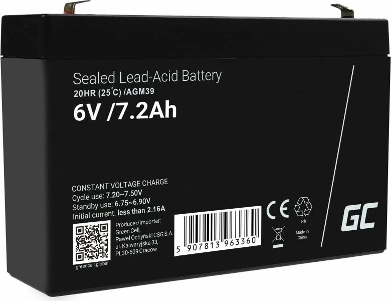 Bateri e rikarikueshme AGM VRLA, Green Cell, AGM39, 6V 7.2Ah, 151x34x94 mm