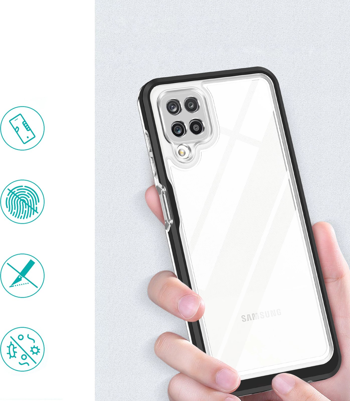 Mbështjellës Hurtel Hybrid Armor Clear 3 in 1 për Samsung Galaxy A22, i zi/transparente