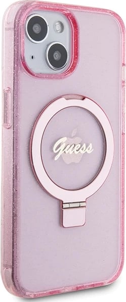 Mbështjellës Guess Ring Stand Script Glitter MagSafe për iPhone 15 Plus / 14 Plus, Rozë