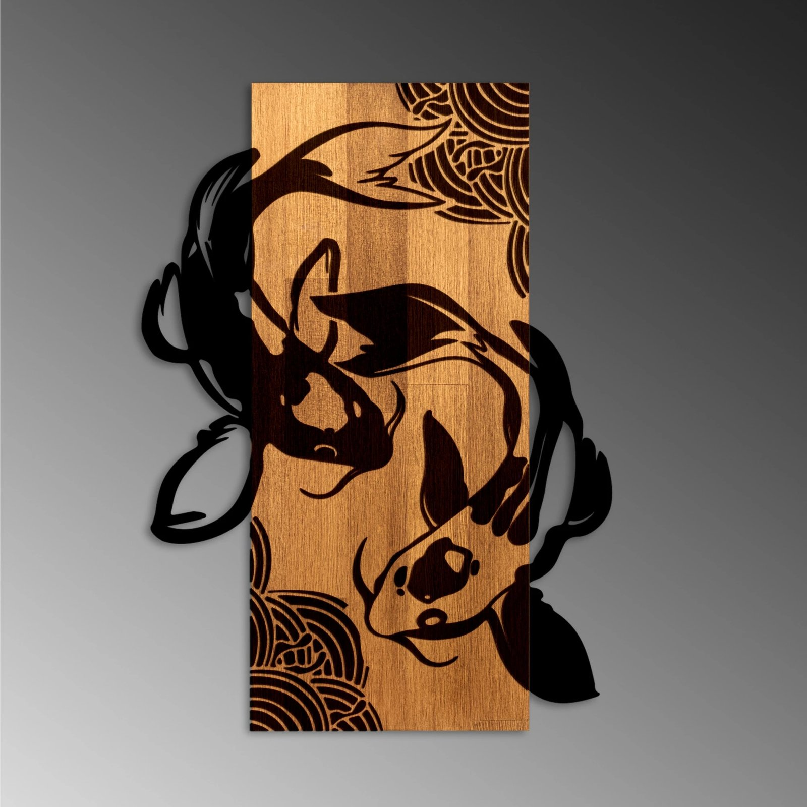 Aksesor dekorativ për mur, dru dhe metal, Wallity, Fish Yang, ngjyrë arre dhe e zezë