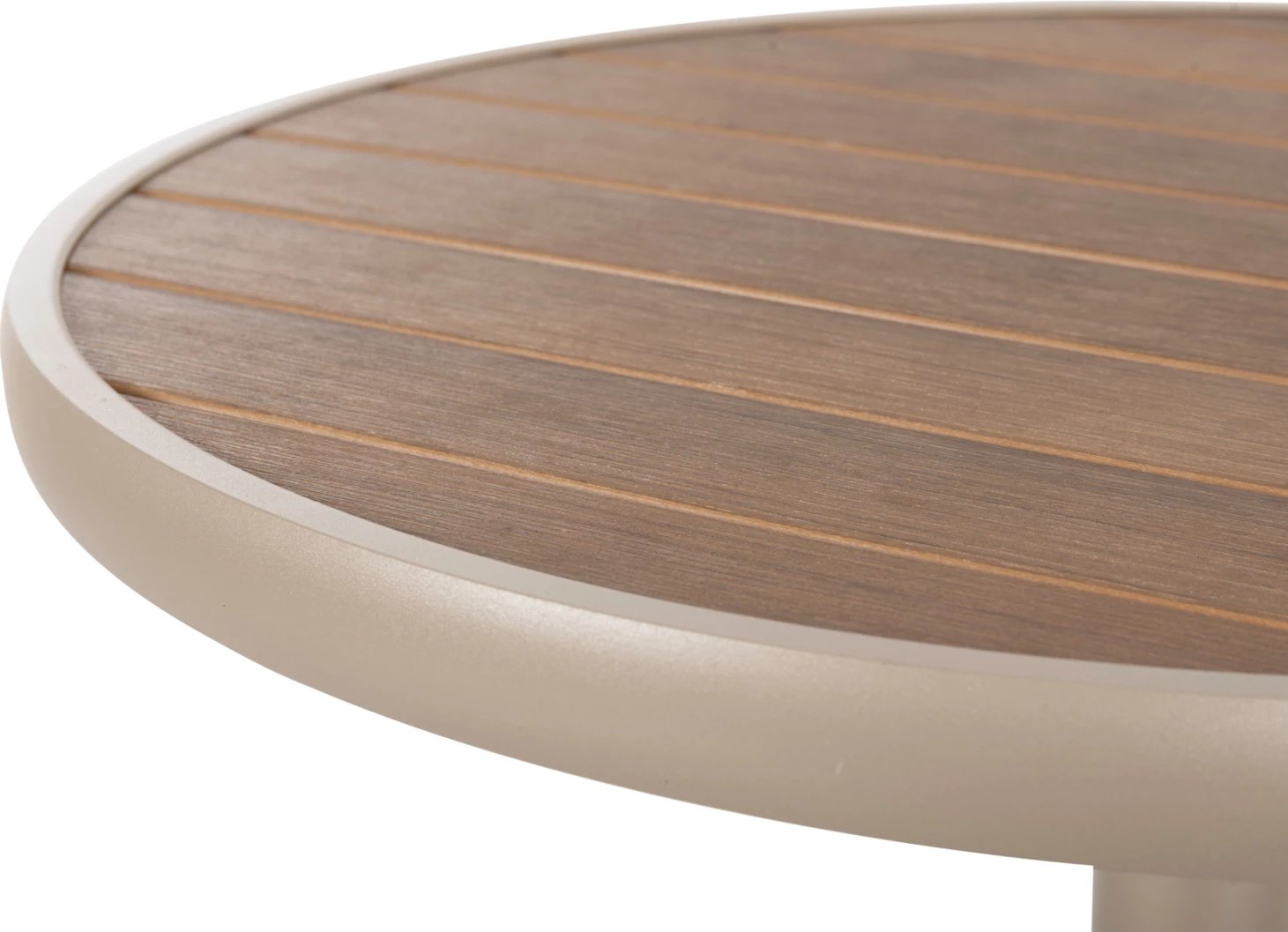 Tavolinë e rrumbullakët alumini ALEXA FH6086.04, ngjyrë shampanjë, sipërfaqe tavoline polivudi, ngjyrë natyrale, Φ60x73H cm