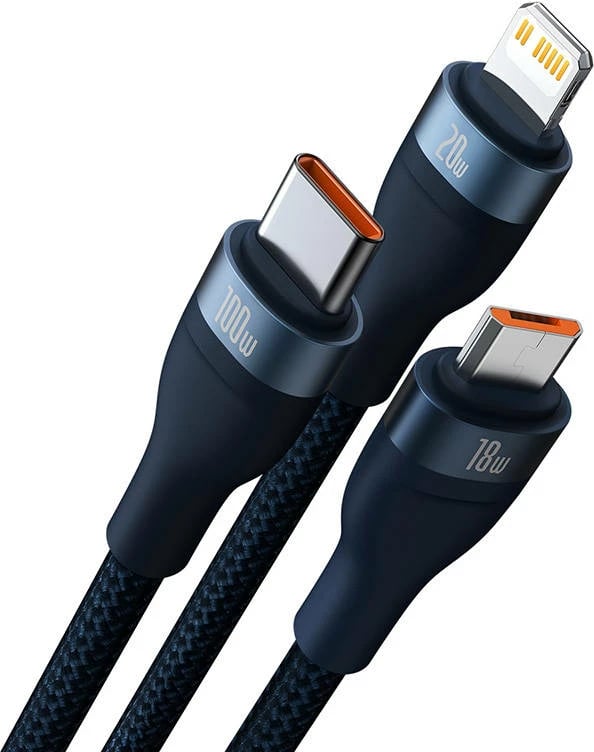 Kabllo 3-në-1 Baseus Flash Series 2, 1.2m, 100W, USB-C + micro USB + Lightning, blu