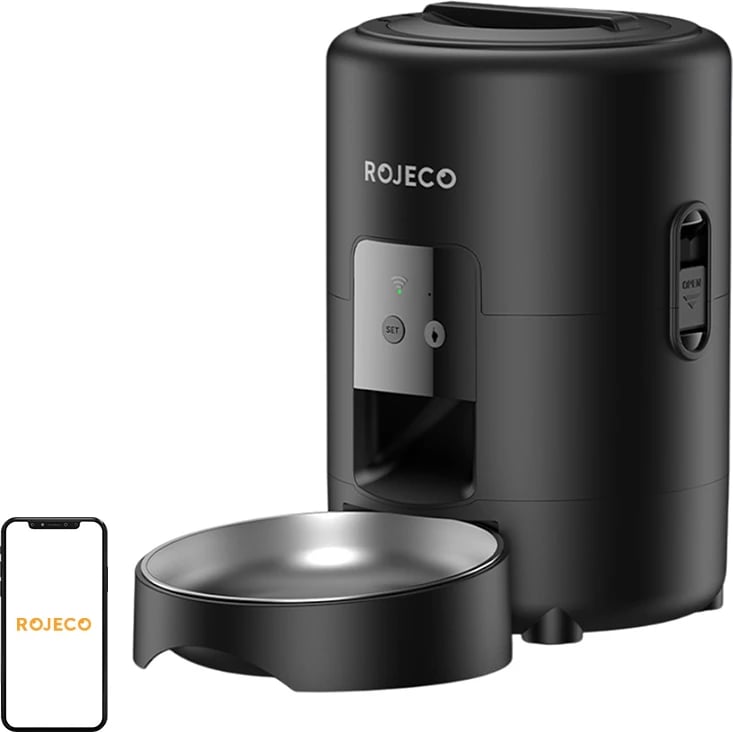 Shpërndarës ushqimi automatik, Rojeco, RWSQZDTWF-2L, kapacitet 2 L, Wi‑Fi 2.4G, tas çelik inox 304, i zi