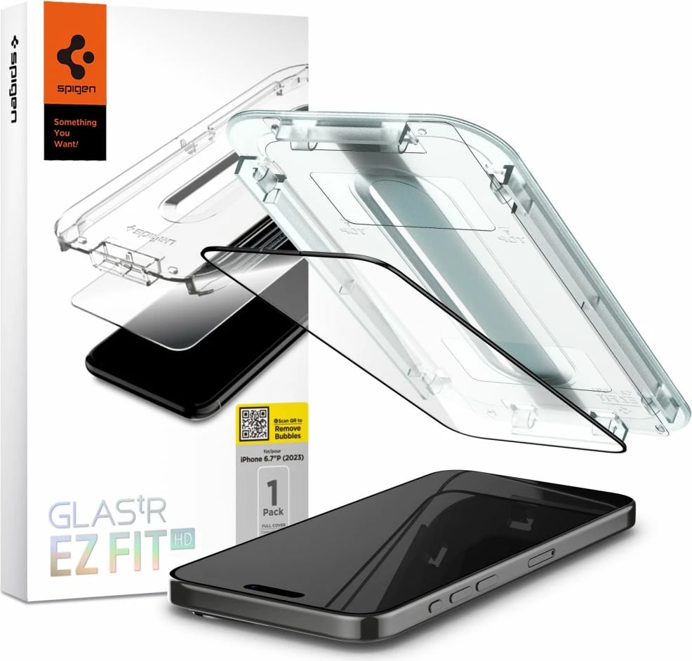 Xham mbrojtës Spigen Glas.tR EZ Fit FC për iPhone 15 Pro Max, i zi