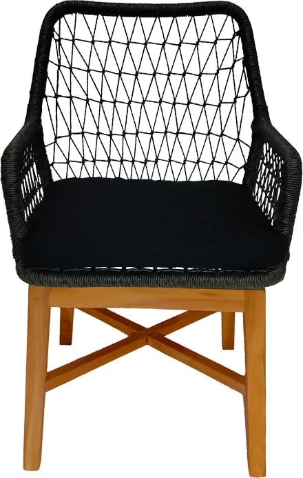 Karrige me krahë Elaiza dru teak dhe litar sintetik, ngjyrë natyrale-e zezë, me jastëk, 58x60x90cm