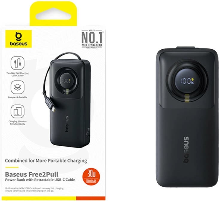Powerbank Baseus OS Free2Pull 10000mAh 30W me kabllo, e zezë