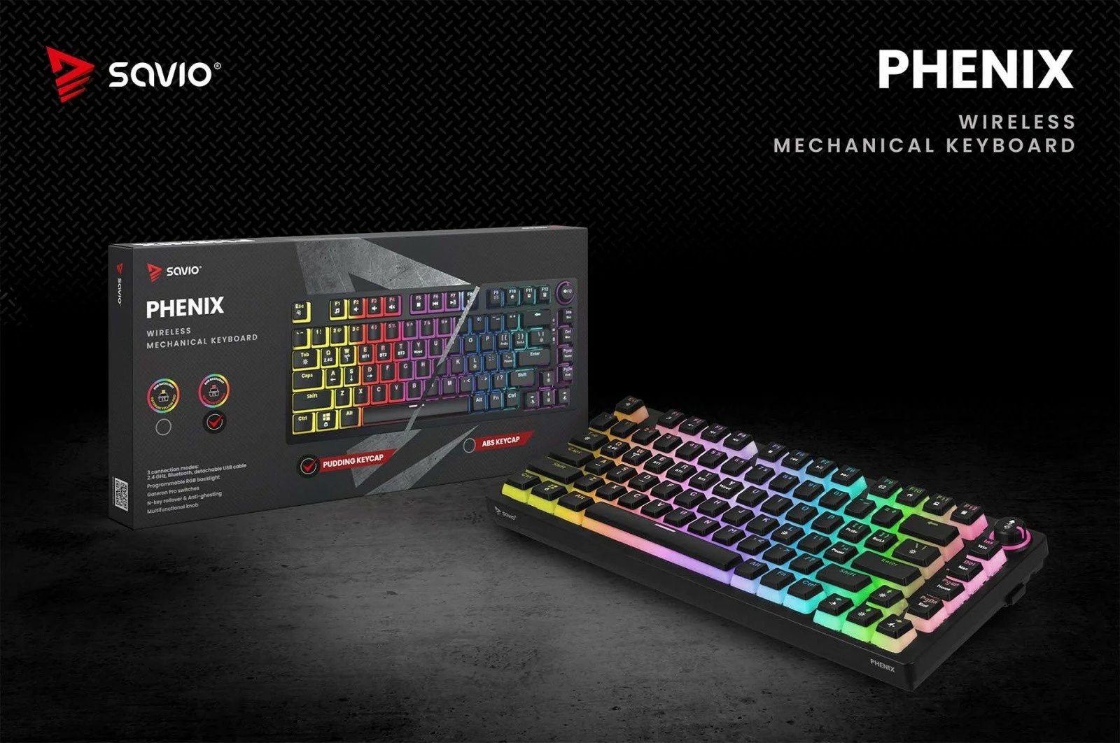 Tastierë mekanike wireless Savio PHENIX, Gateron Red Pro, Pudding, e zezë Tastierë mekanike wireless Savio PHENIX, Gateron Red Pro, Pudding, e zezë