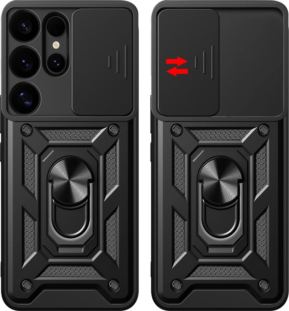 Mbështjellës Hurtel Hybrid Armor Camshield me kapak kamere dhe unazë metalike për Samsung Galaxy S25 Ultra, Zi