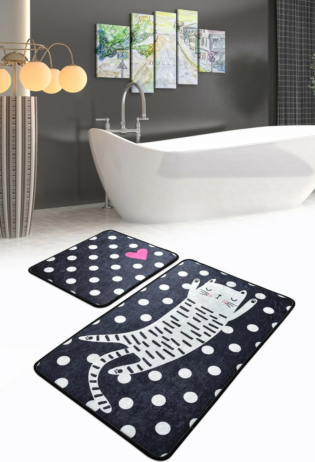 Set tapetash për banjo, 2 copë, dizajn me mace me pika, Mijölnir