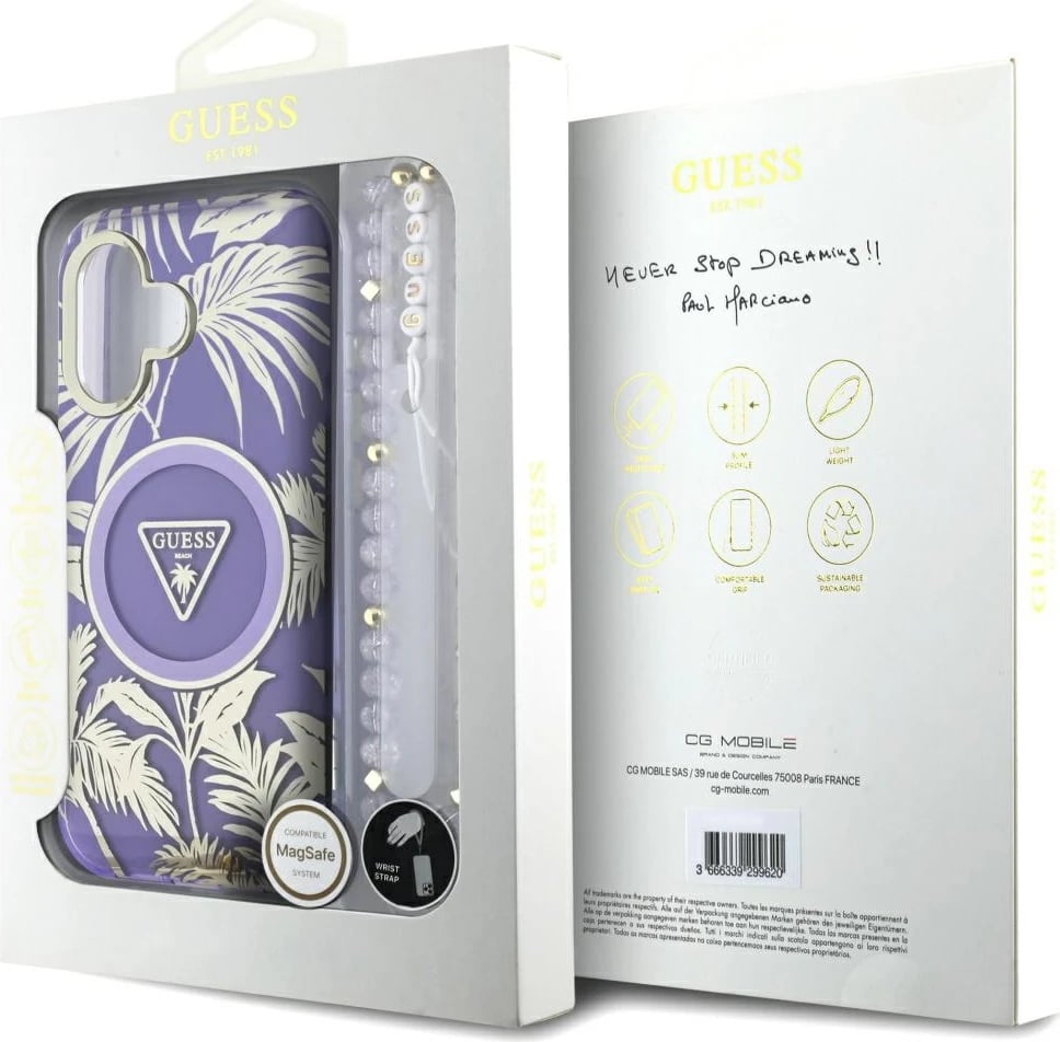 Mbështjellës Guess Palm Trees Triangle Pearl Strap MagSafe për iPhone 16, Vjollcë
