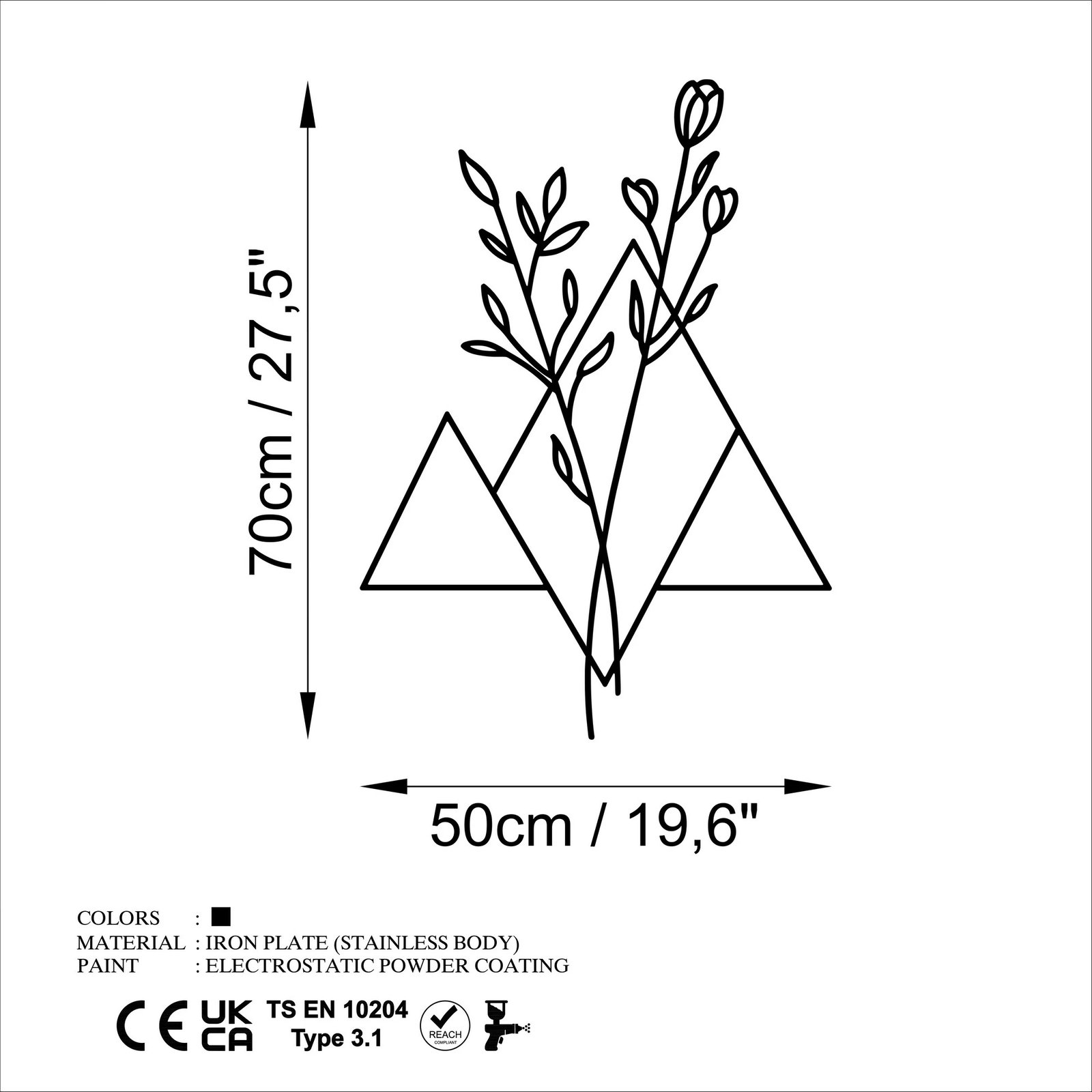 Aksesor dekorativ metalik për mur, lule, Wallity, i zi, 70x50cm