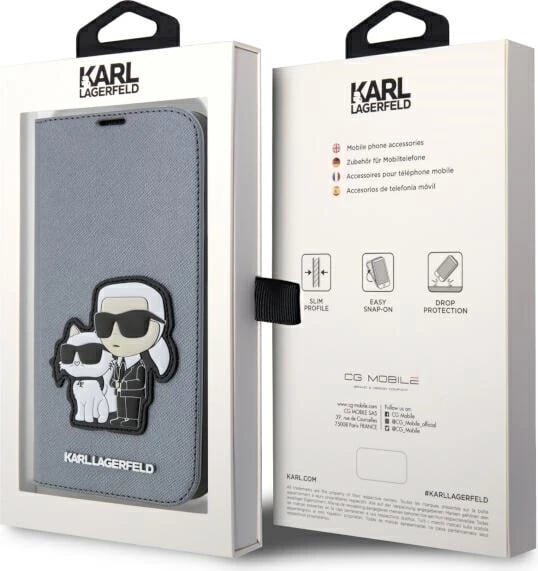 Mbështjellës Karl Lagerfeld Saffiano Karl & Choupette për iPhone 14 Pro 6.1", argjendtë