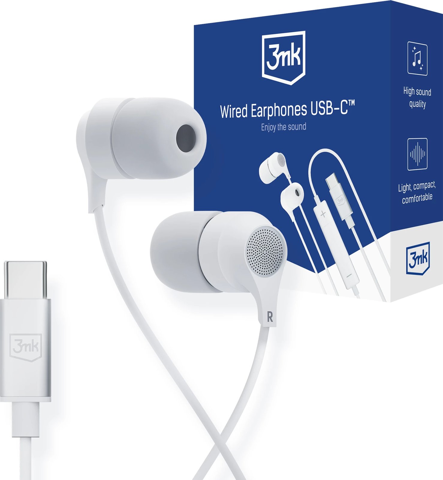 Kufje me tela 3mk Wired Earphones USB-C, të bardha
