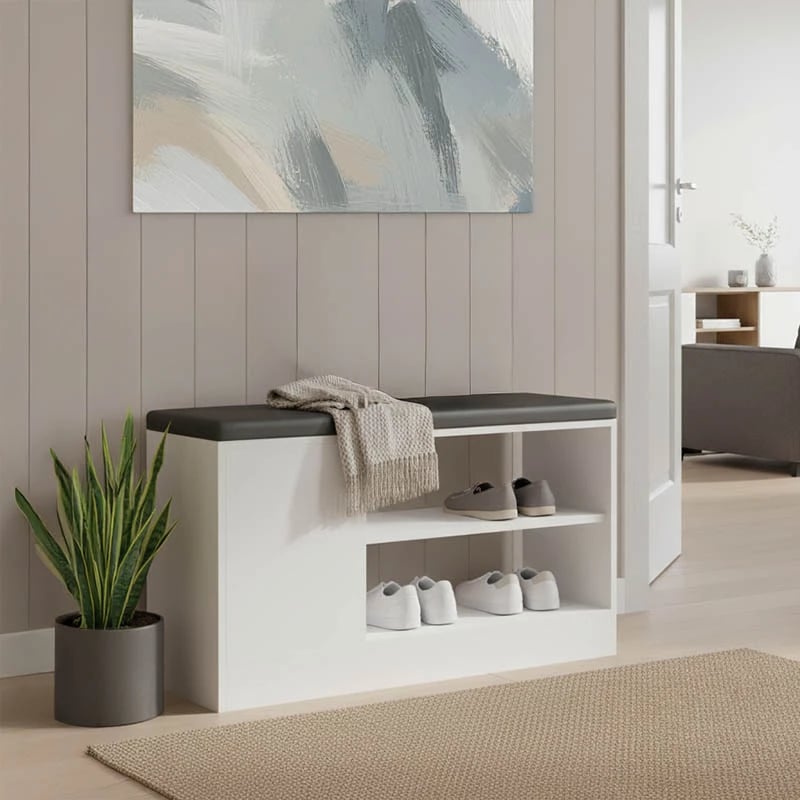 Dollap për këpucë me ulëse Deboule, për 8 palë këpucë, ngjyrë bardhë-e zezë, 90x30x46cm