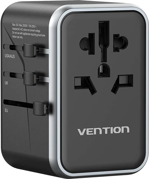 Adapter universal udhëtimi Vention FJFB0, 2x USB-C, 2x USB-A, 65W, zi